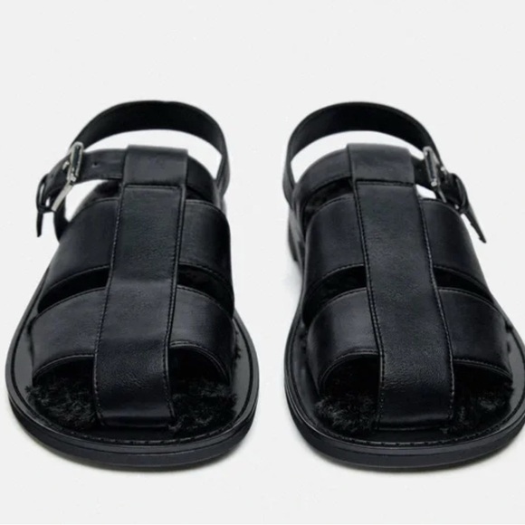 🆕Zara Black Faux Fur Lined Flat Cage Sandals 9/40🆕 - Picture 6 of 16